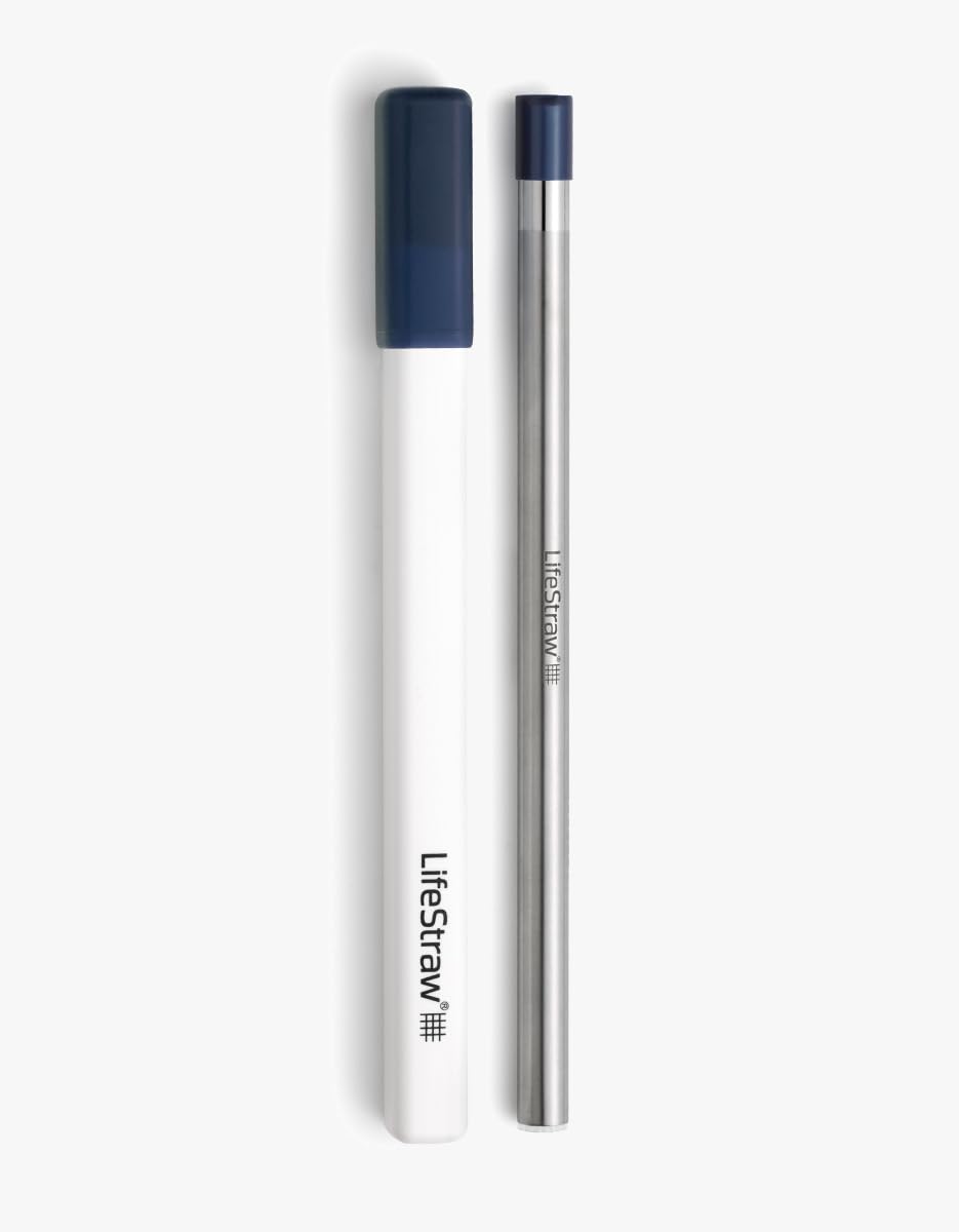 LifeStraw Sip – Filtro de água reutilizável de aço inoxidável com estojo de transporte, remove microplásticos, bactérias e parasitas para viagens e uso diário, azul meia-noite