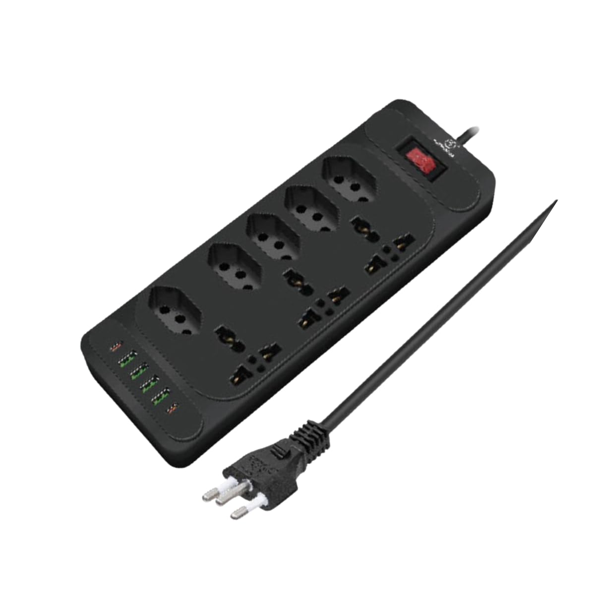 Filtro de Linha 5 Tomadas, 4 USB, 2 USB-C, Cabo 2 m, 2500 W (Preto)