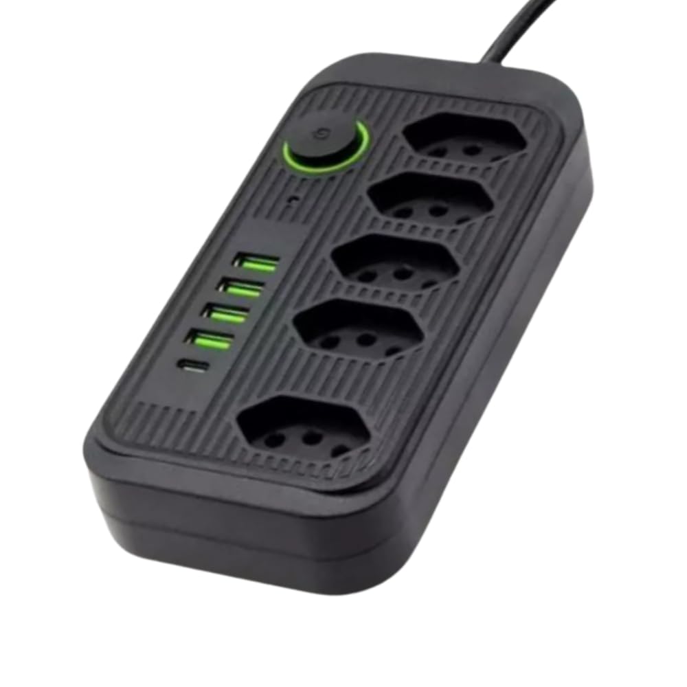 Filtro de Linha 5 Tomadas, Extensão, Régua de Energia Elétrica, Cabo 2 Metros, 4 USB A e 1 USB-C, BiVolt 110-220V, Potência de 2500W e Carregamento Inteligente Premium