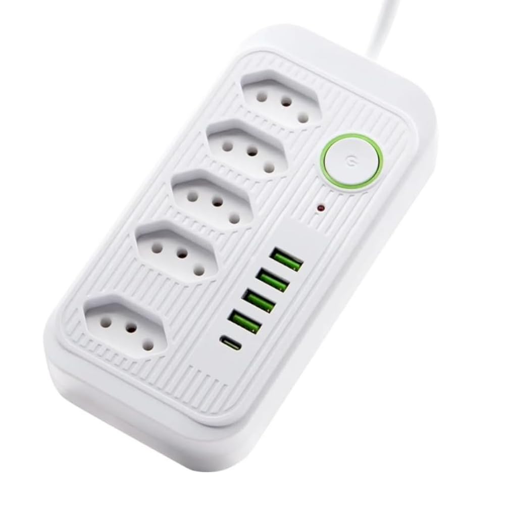 Filtro de Linha 5 Tomadas Padrão Brasileiro 4 USB 1 USB-C Cabo 2m 2500W Bivolt