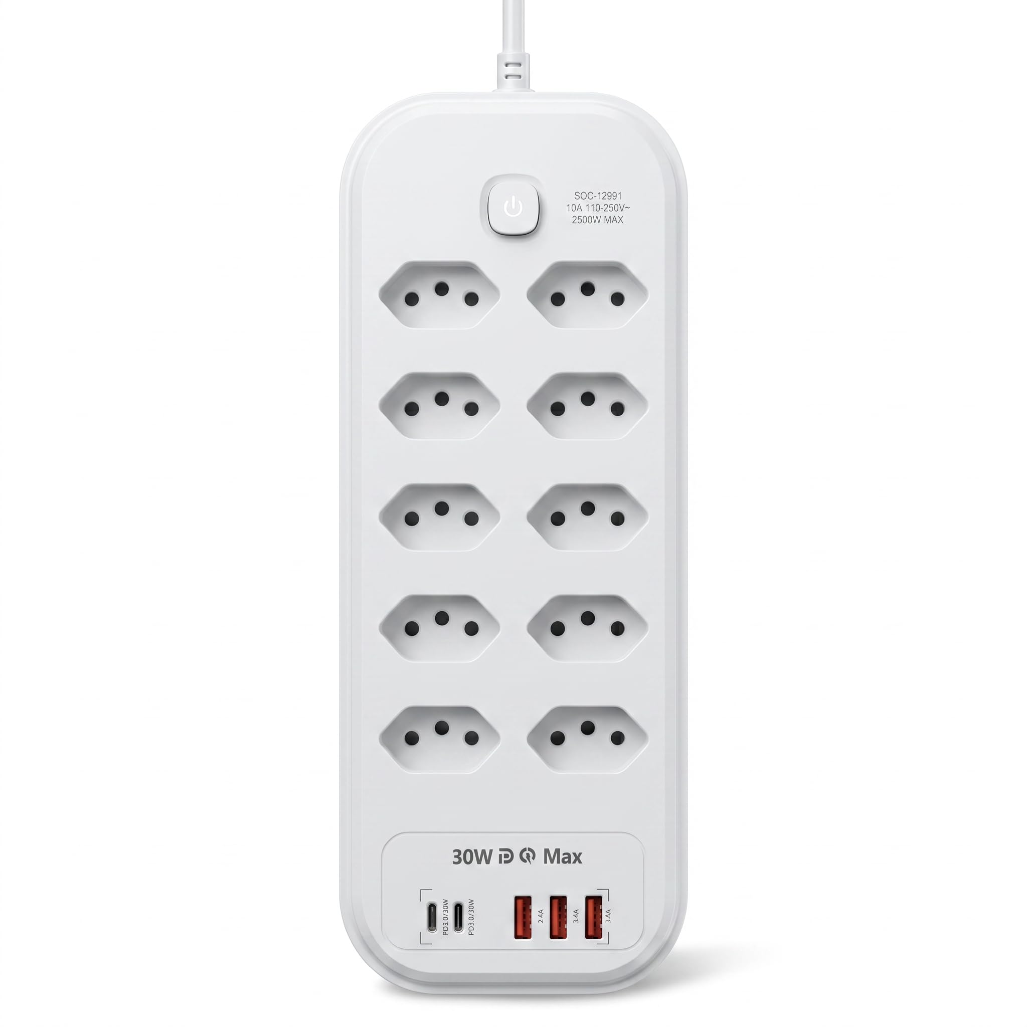 Filtro de Linha 10 Tomadas 10A com 2 USB-C e 3 USB - Regua de Energia Extensao 2500W Bivolt 110-250V - Cabo 2m - Protecao contra Sobrecarga