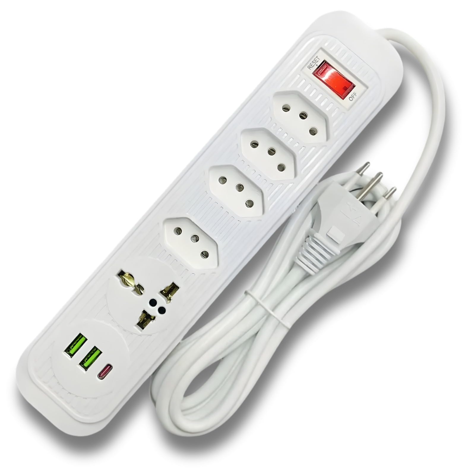 Extensão Elétrica Filtro de Linha 4 Tomadas + 2 USB + 1 USB-C, 1 Tomada Universal, Cabo 1,9m, Régua de Energia Branca, Proteção Contra Surtos e Raios, Home Office, Gamer, Escritório (Branco)