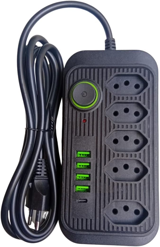 Filtro de Linha Bivolt, 5 Tomadas, 4 USB e 1 USB-C, Cabo de 2m, 110-220V, 2500W, para Casa e Escritório (Preto)
