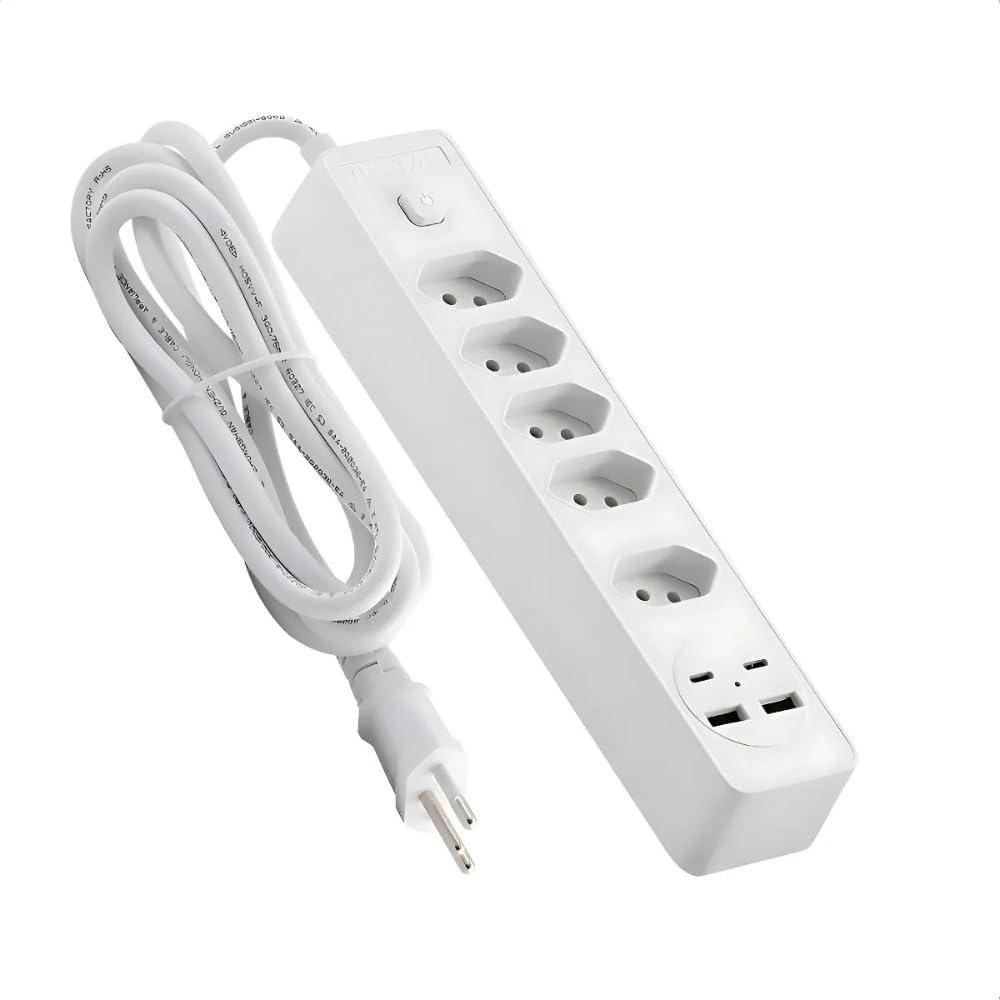 Filtro de Linha 5 Tomadas Bivolt com 2 USB e 2 USB-C, Proteção Contra Sobrecarga, Régua de Energia 3 Pinos com Cabo Longo, Extensão Elétrica para Escritório, Home Office e Gamer (5 TOMADA)