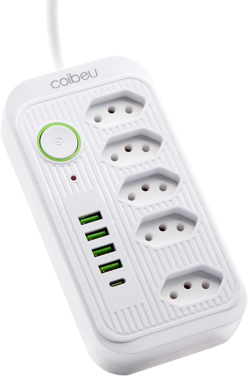 Régua de Energia com 5 Tomadas + 5 Portas USB (4 USB + 1 USB-C) – Cabo 1,9m, Bivolt, Potência 2500W – Branco