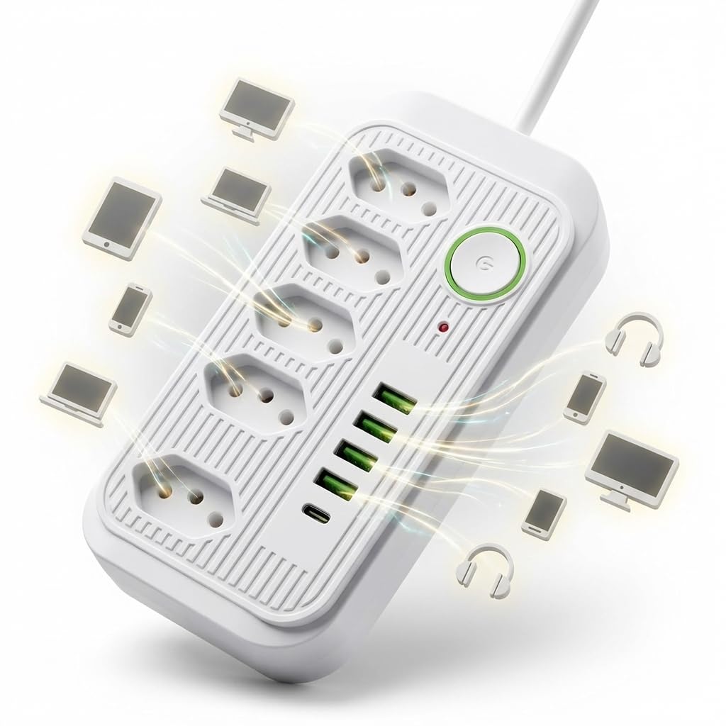 Extensão Filtro de Linha Régua de Energia com 5 Tomadas, 4 USB, 1 USB-C | Extensão Elétrica 2m, Bivolt 110-220V, 2500W, Proteção Sobrecarga, LED Indicador