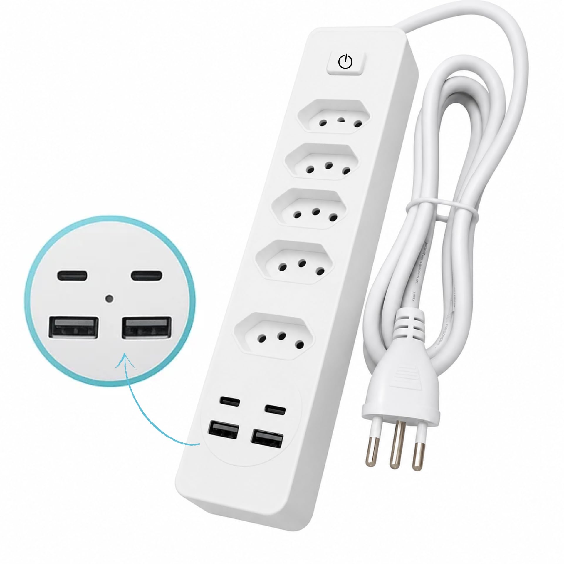Filtro de Linha com 5 Tomadas e 4 Portas USB (2 USB-C + 2 USB-A), Interruptor Liga/Desliga, Potência Máx 2500W, Extensão para Casa e Escritório