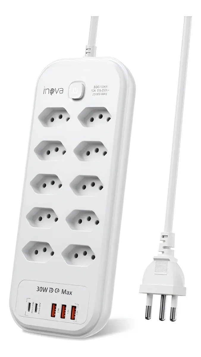 Filtro de Linha com 10 Tomadas e 4 Portas USB (inclui USB-C), Interruptor Liga/Desliga, Potência Máx 2500W, Régua Extensora para Casa, Escritório e Home Office