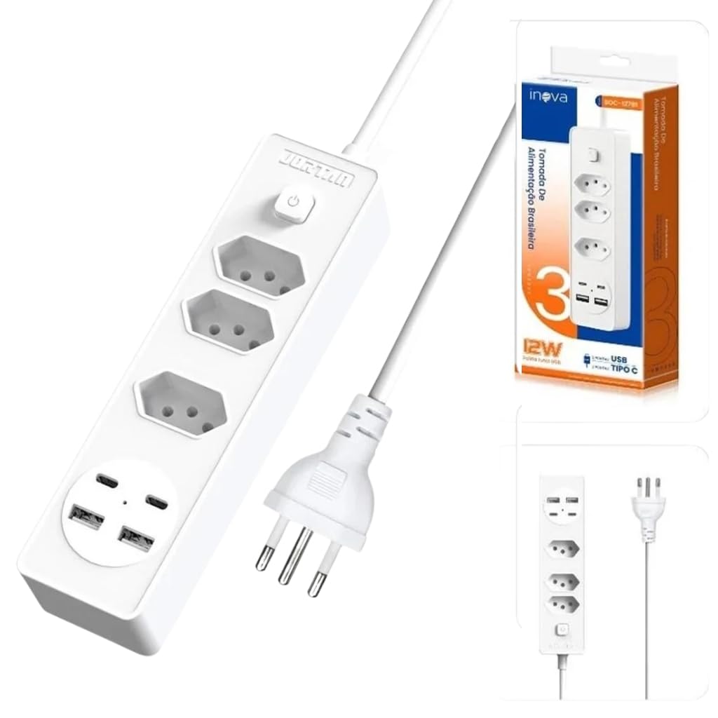 Filtro de Linha com 3 Tomadas e 4 Portas USB (2 USB-C + 2 USB-A), Interruptor Liga/Desliga, Carregamento USB 12W, Régua Extensora para Casa e Escritório