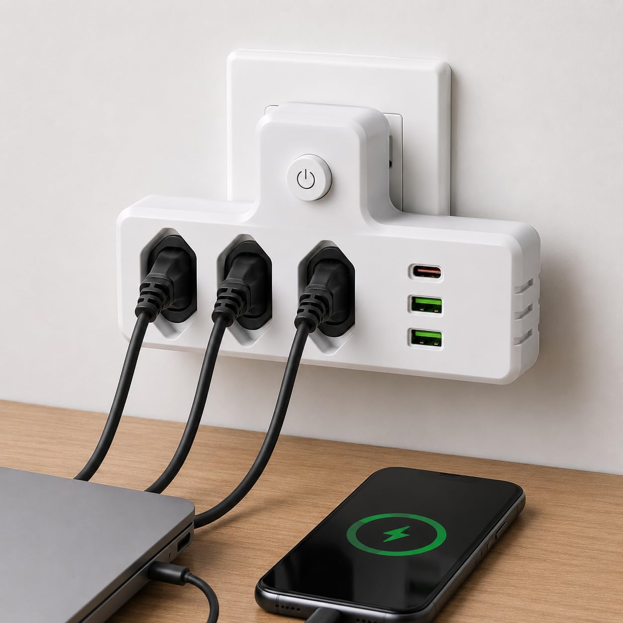 Adaptador de Tomada, Extensão Tomada, Filtro de Linha, Régua Tomada, Régua de Energia com 3 Entradas padrão, 2 USB e 1 USB-C, Bivolt 110V/220V, 2500W 10A
