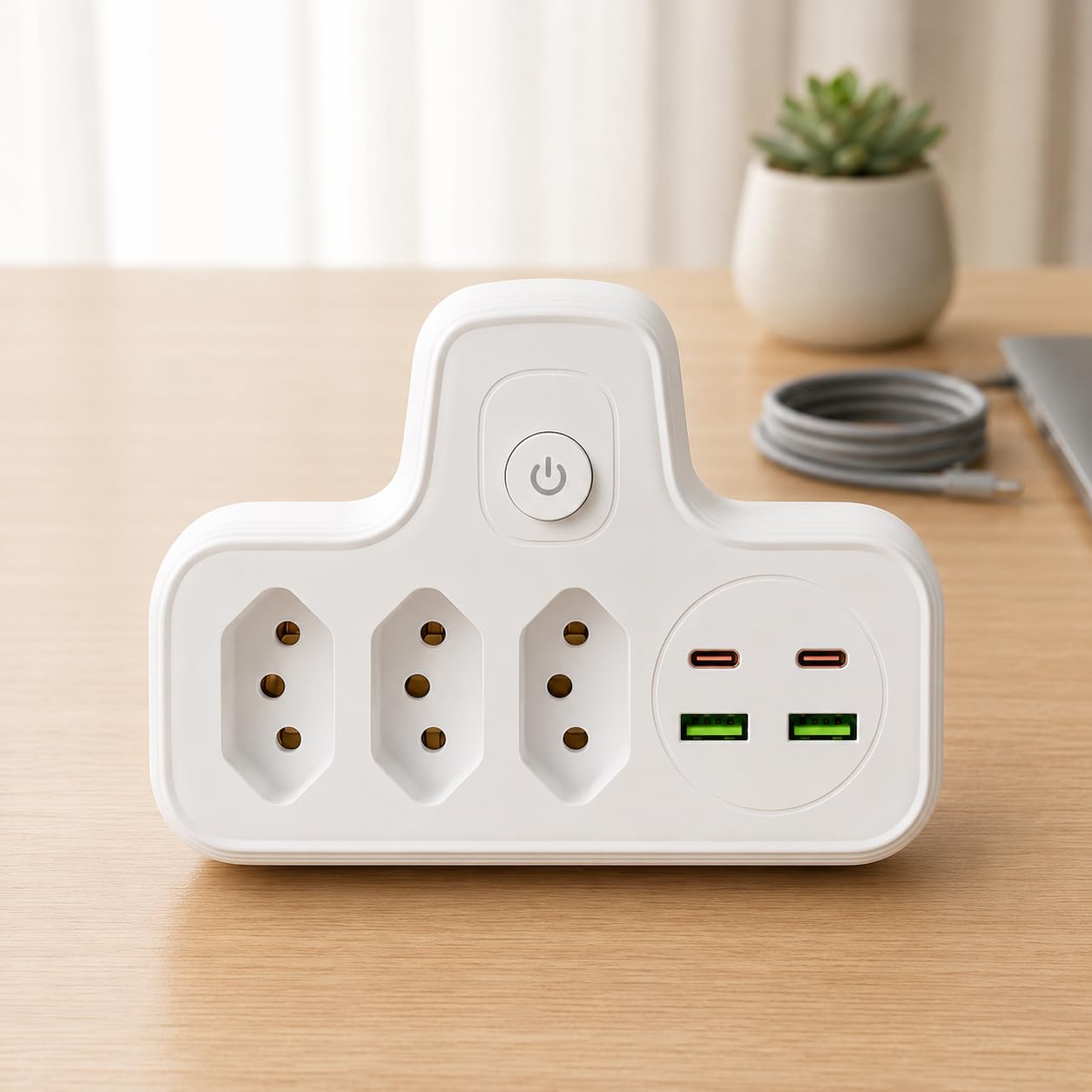 Régua de Energia Bivolt 2500W com 3 Tomadas, 2 Portas USB e 2 USB-C | Extensão Elétrica com Proteção contra Sobrecarga e Interruptor Liga/Desliga para Home Office, Escritório e Uso Residencial