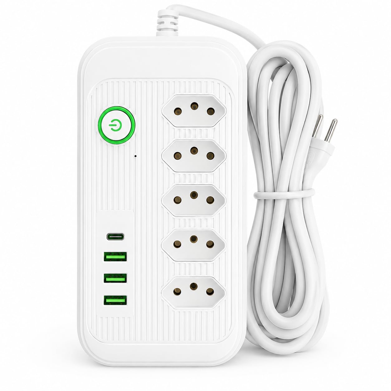 Extensão Filtro de Linha 5 Tomadas com 3 USB e 1 USB-C, Cabo 2 Metros – Bivolt 2500W com Interruptor Liga/Desliga para Celular, Notebook, TV, Computador e Escritório