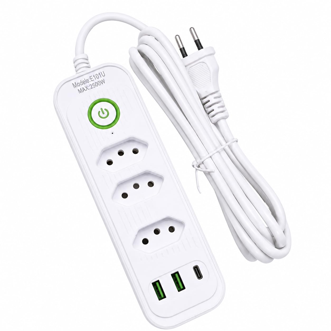 Extensão Filtro de Linha 3 Tomadas com 2 USB e 1 USB-C – Cabo 2 Metros – Bivolt 2500W com Interruptor Liga/Desliga