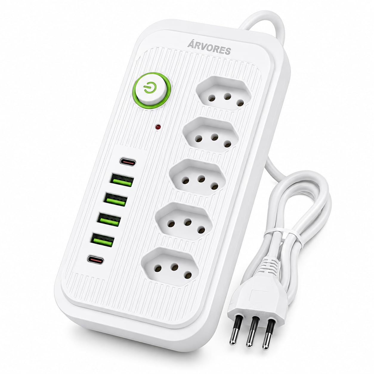 Filtro de Linha 5 Tomadas com 4 USB e USB-C, Cabo 2m, Régua de Energia Bivolt 110-220V, 2500W, Proteção Contra Sobrecarga
