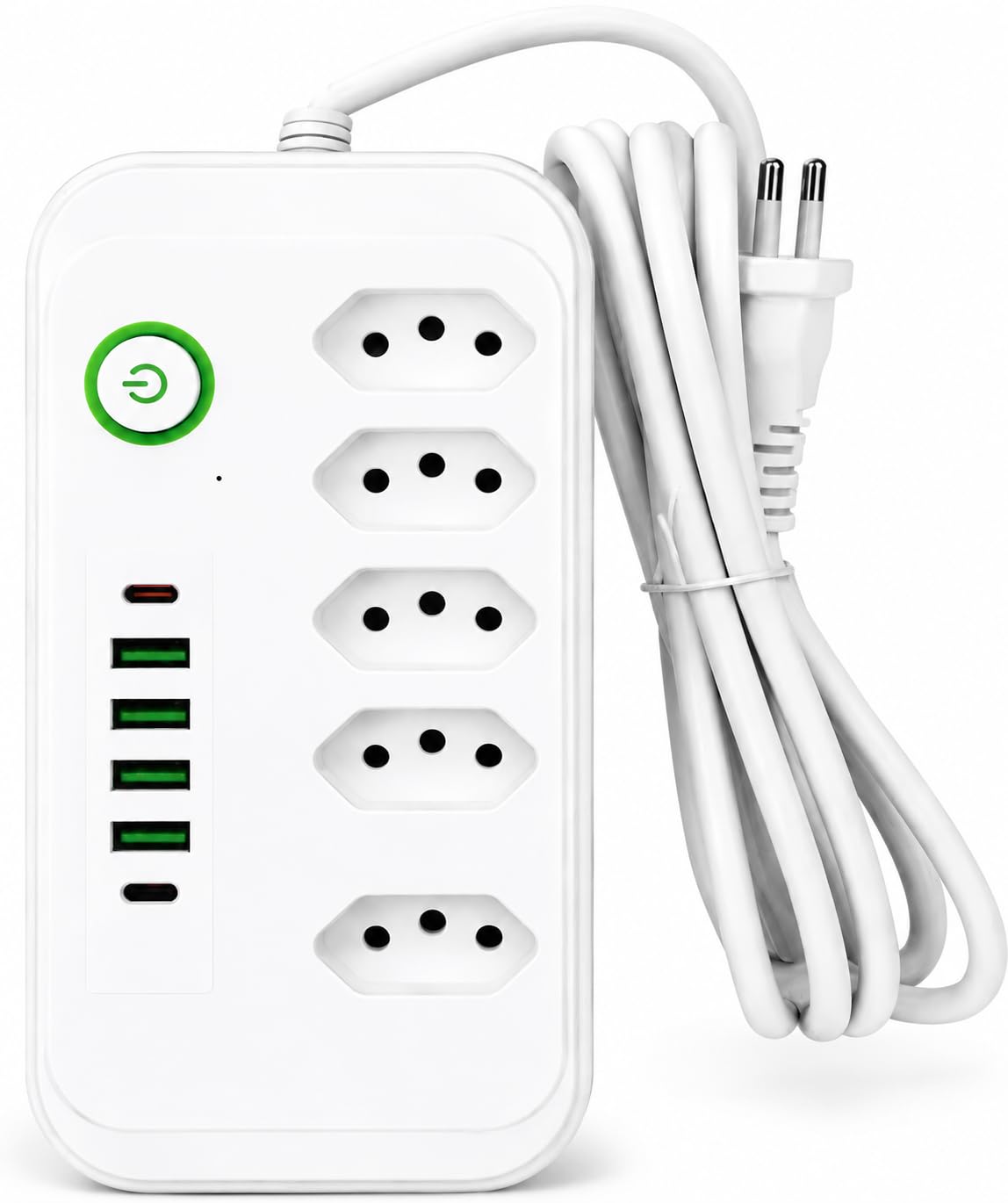 Extensão Filtro de Linha Régua de Energia 5 Tomadas com 4 USB e 2 USB-C, Cabo 1 Metro, Bivolt, Interruptor Geral Liga/Desliga, Suporta até 2500W