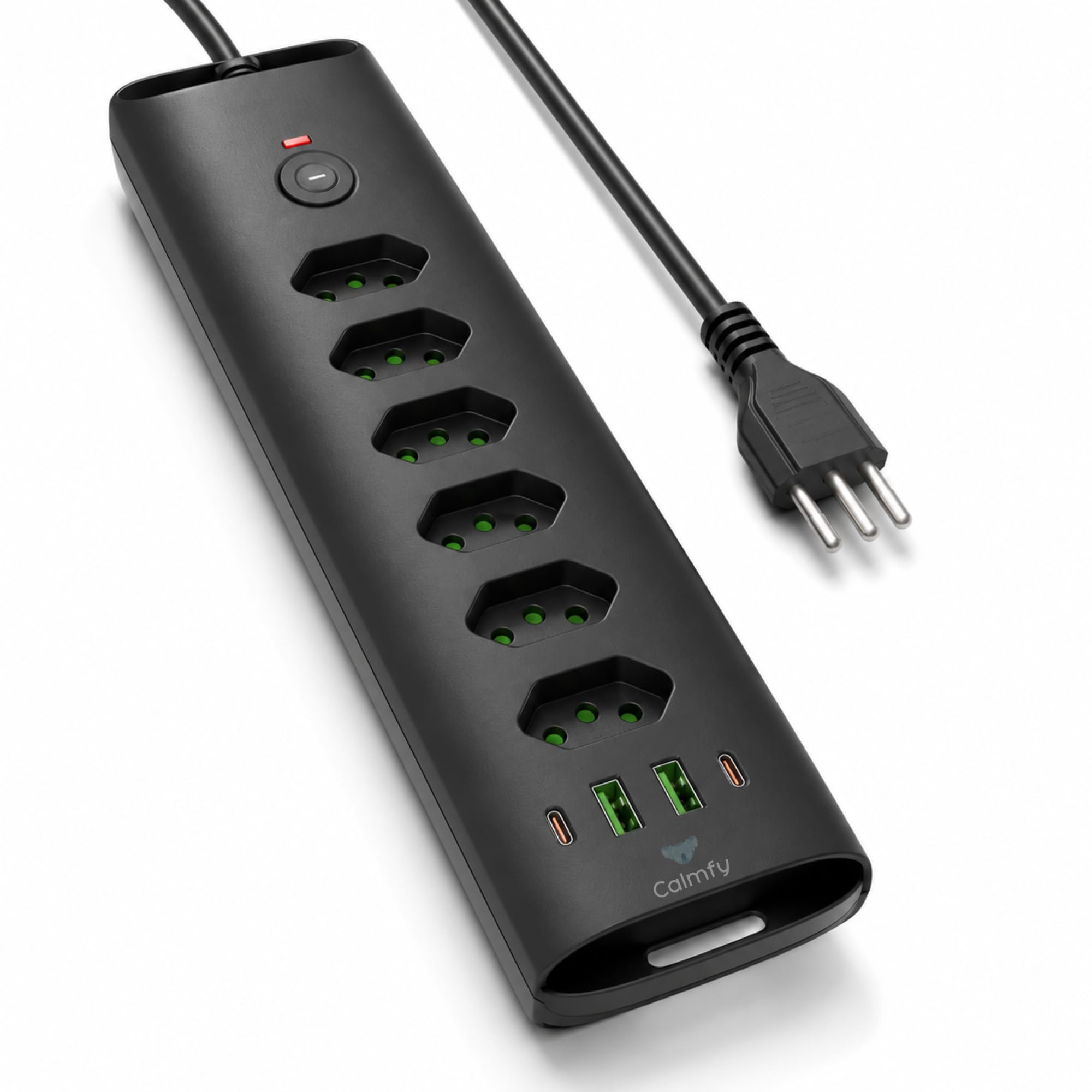 Extensão de Tomada Filtro de Linha 6 Tomadas Com Proteção Sobrecarga, 2 Portas USB e USB-C, Cabo de Alimentação de 2 Metros, 110-220V, Potência de 2500W (Preto)