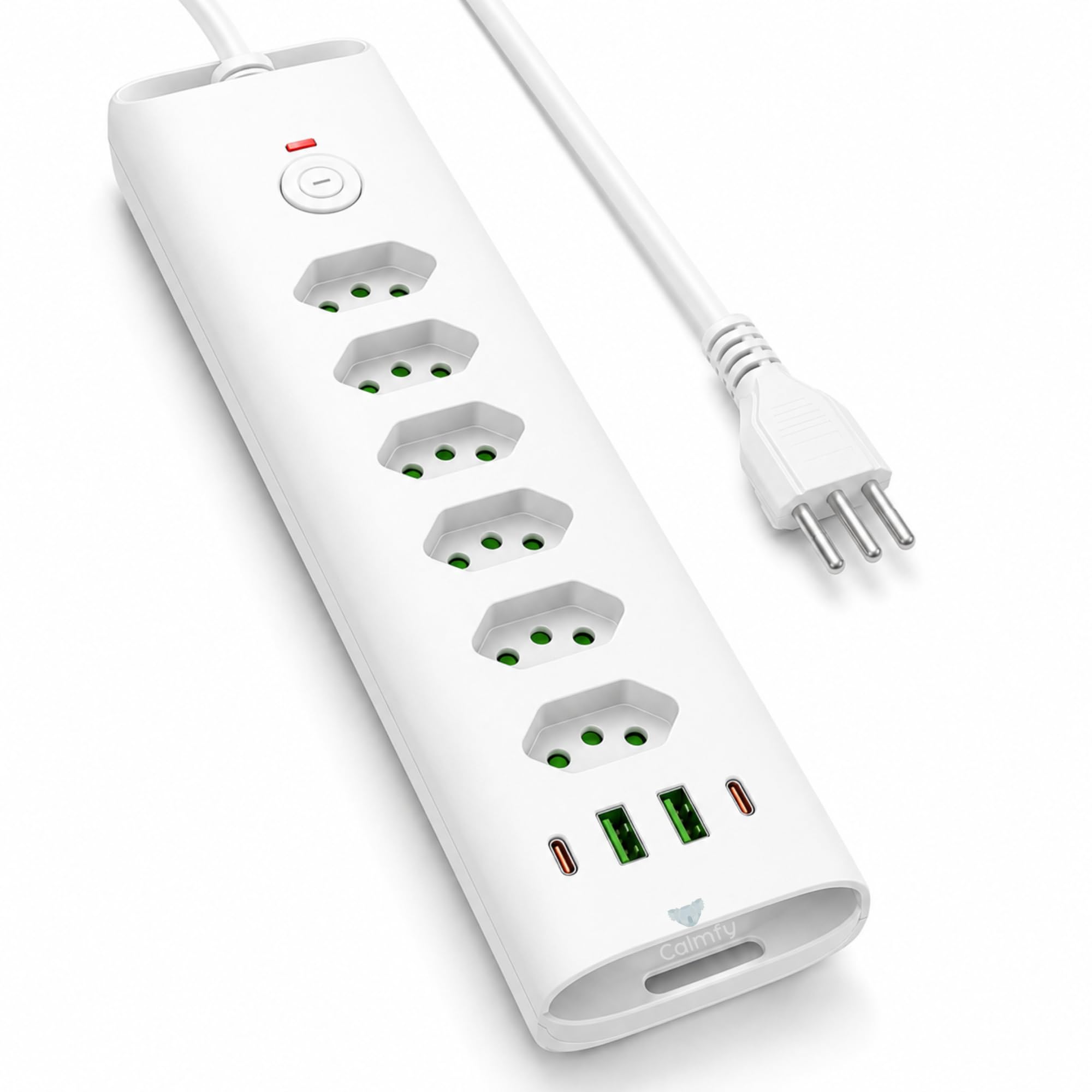 Extensão de Tomada Filtro de Linha 6 Tomadas Com Proteção Sobrecarga, 2 Portas USB e USB-C, Cabo de Alimentação de 2 Metros, 110-220V, Potência de 2500W (Branco)