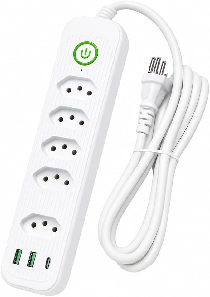 Extensão Elétrica Régua 5 Tomadas + 2 USB-A + USB-C Bivolt 10A 2500W | Filtro de Linha para Computador, Notebook, Celular, TV e Escritório