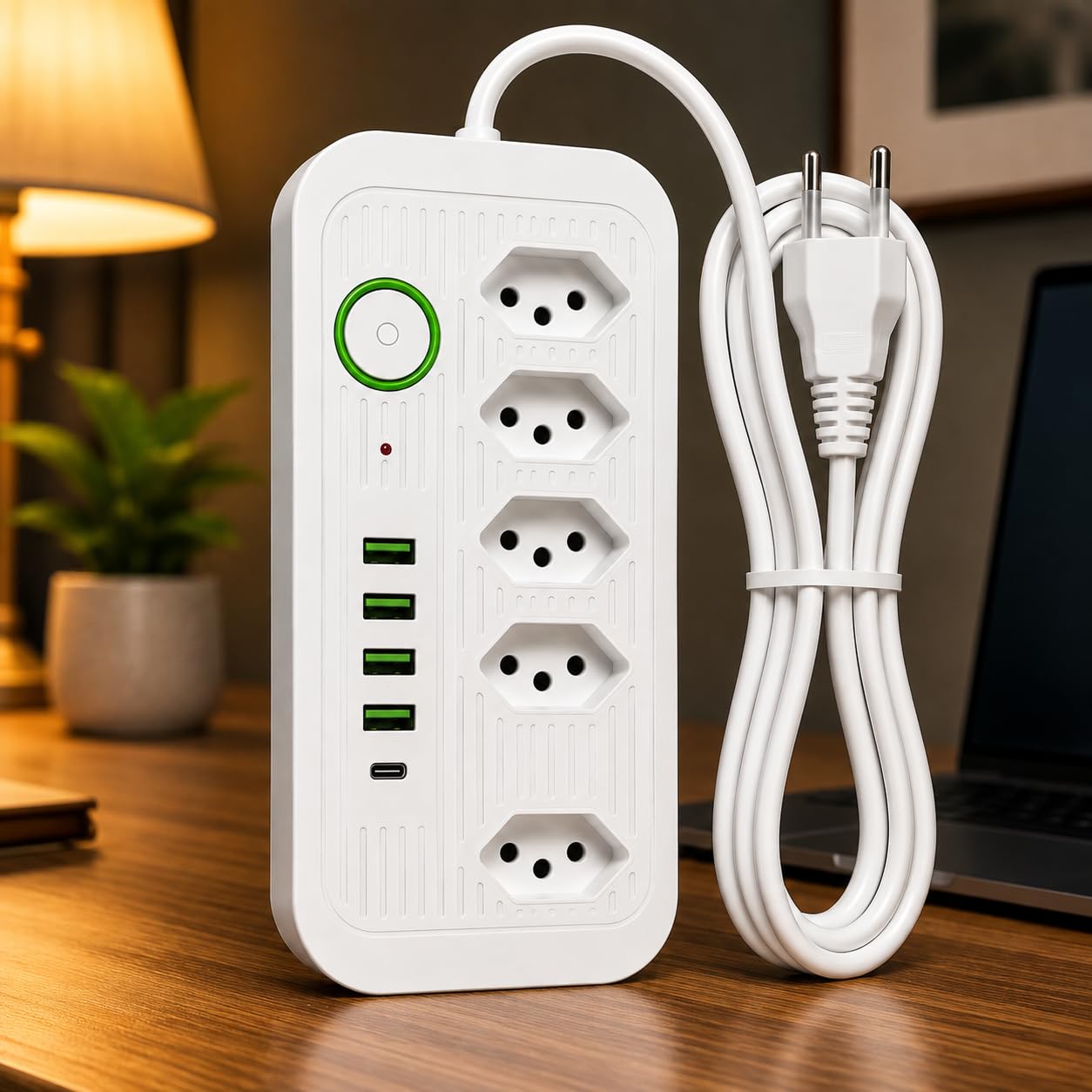 Régua de Tomada com 5 Saídas 4 Portas USB e Entrada USB-C, Cabo 3 metros | Bivolt 110V/220V, alimenta até 10 dispositivos com proteção contra descargas elétricas e alta tensão, até 2500W.