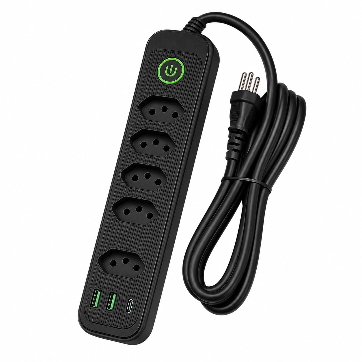 Extensão Elétrica Régua 5 Tomadas + 2 USB-A + USB-C Bivolt 10A 2500W | Filtro de Linha para Computador, Notebook, Celular, TV e Escritório (Preto)