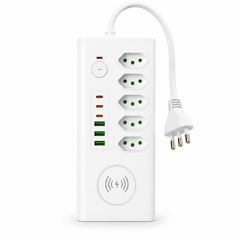 Extensão Filtro de Linha 5 Tomadas com Carregador por Indução, 3 Portas USB-A e 3 USB-C, Bivolt 110/220V, Régua de Tomadas, Carregador Sem Fio, Protetor Elétrico, Organizador de Cabos Casa Escritório