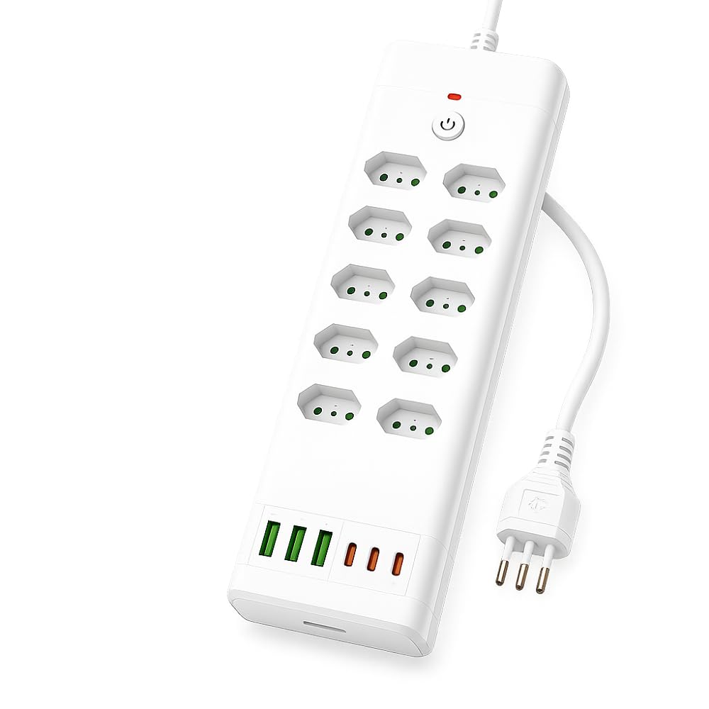 Extensão Régua de Tomadas 10 Saídas, 3 USB + 3 USB-C, Cabo 2m, Bivolt, Filtro de Linha Proteção Contra Sobrecarga, 2500W