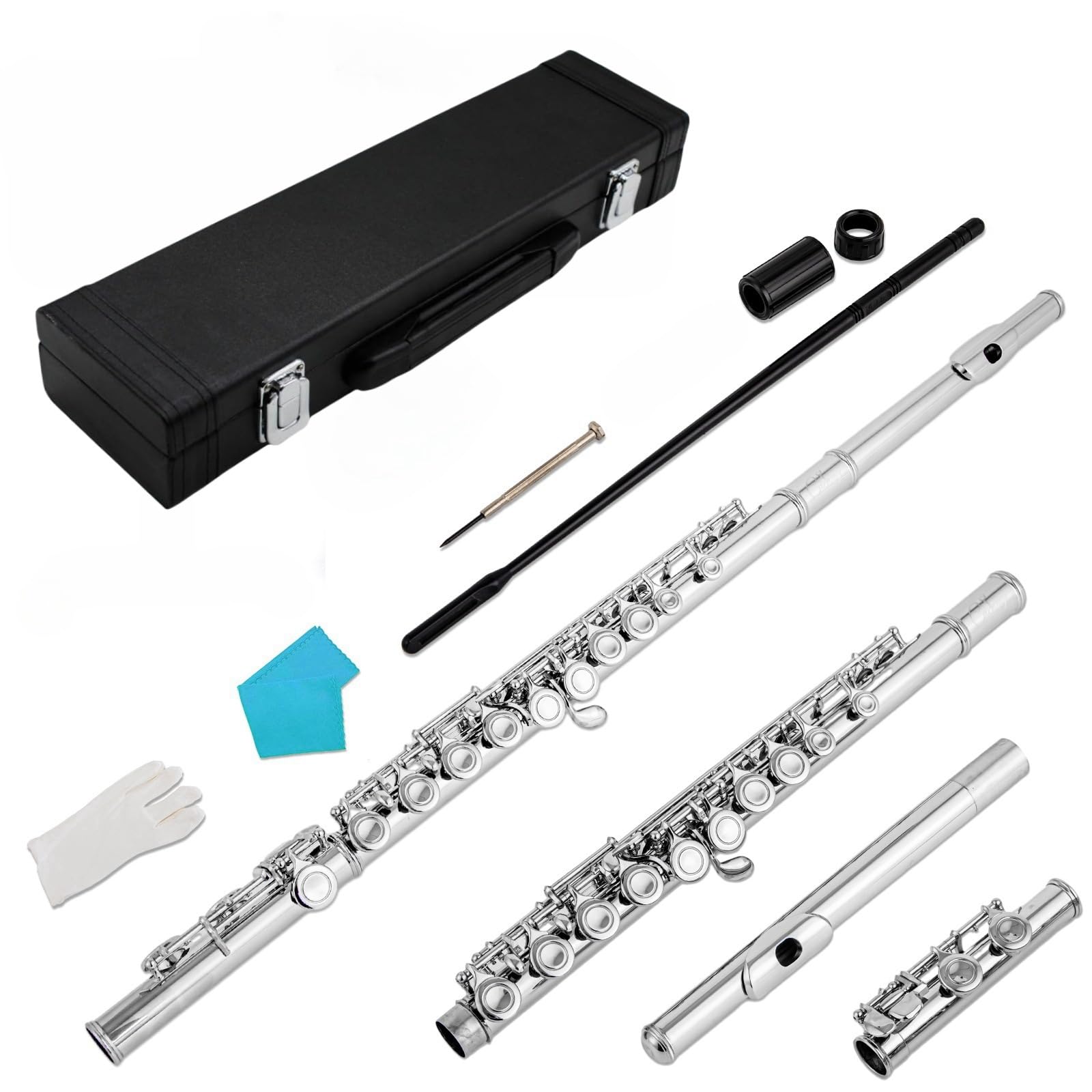 Flauta Transversal Prateada, Mecanismo Split‑E e Teclas G Deslocadas, Instrumento Musical de Aprendizado Profissional para Iniciantes com Estojo e Acessórios Completos