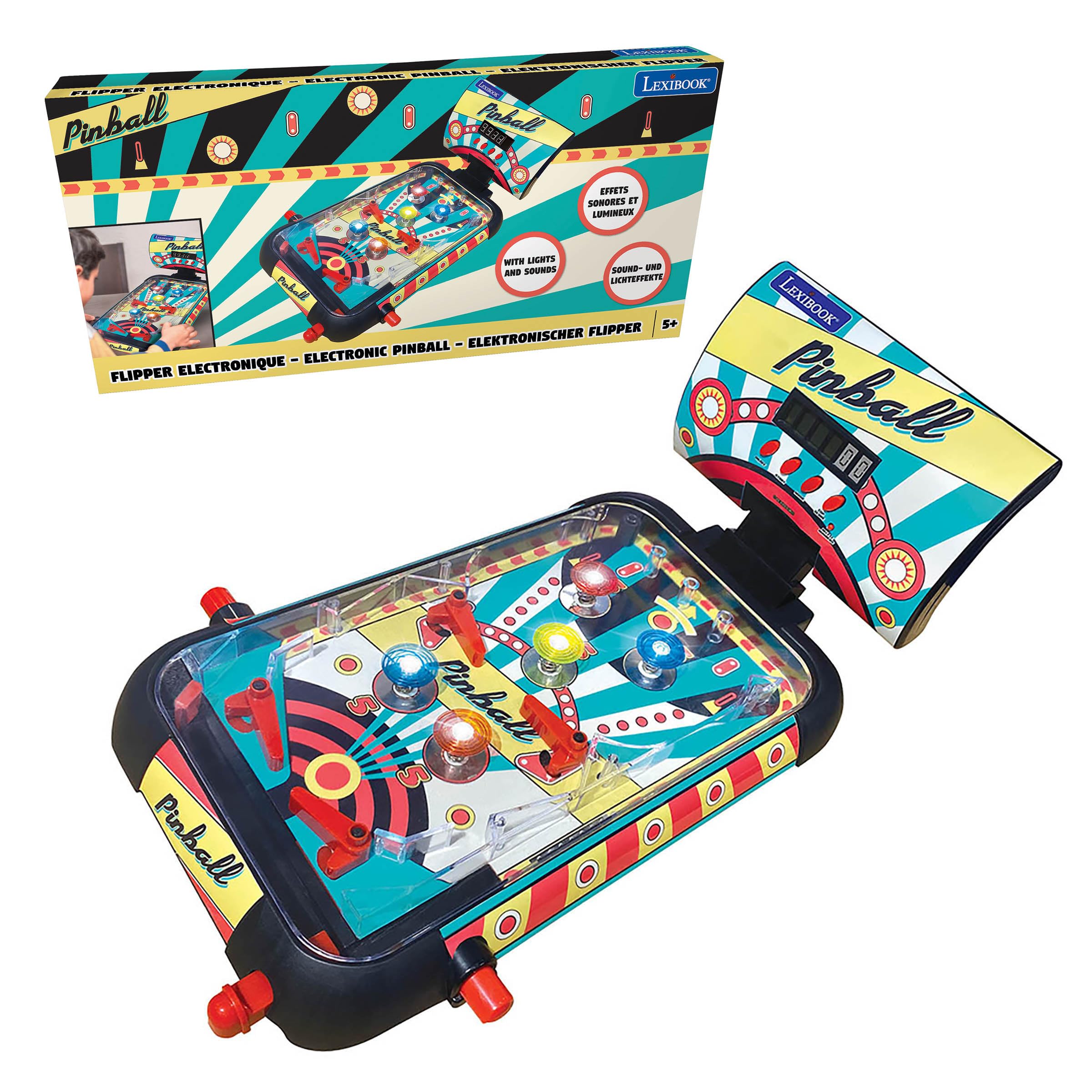 Lexibook Pinball eletrônico de mesa, jogo de ação e reflexos para crianças e família, tela LCD, efeitos de luz e som, JG610