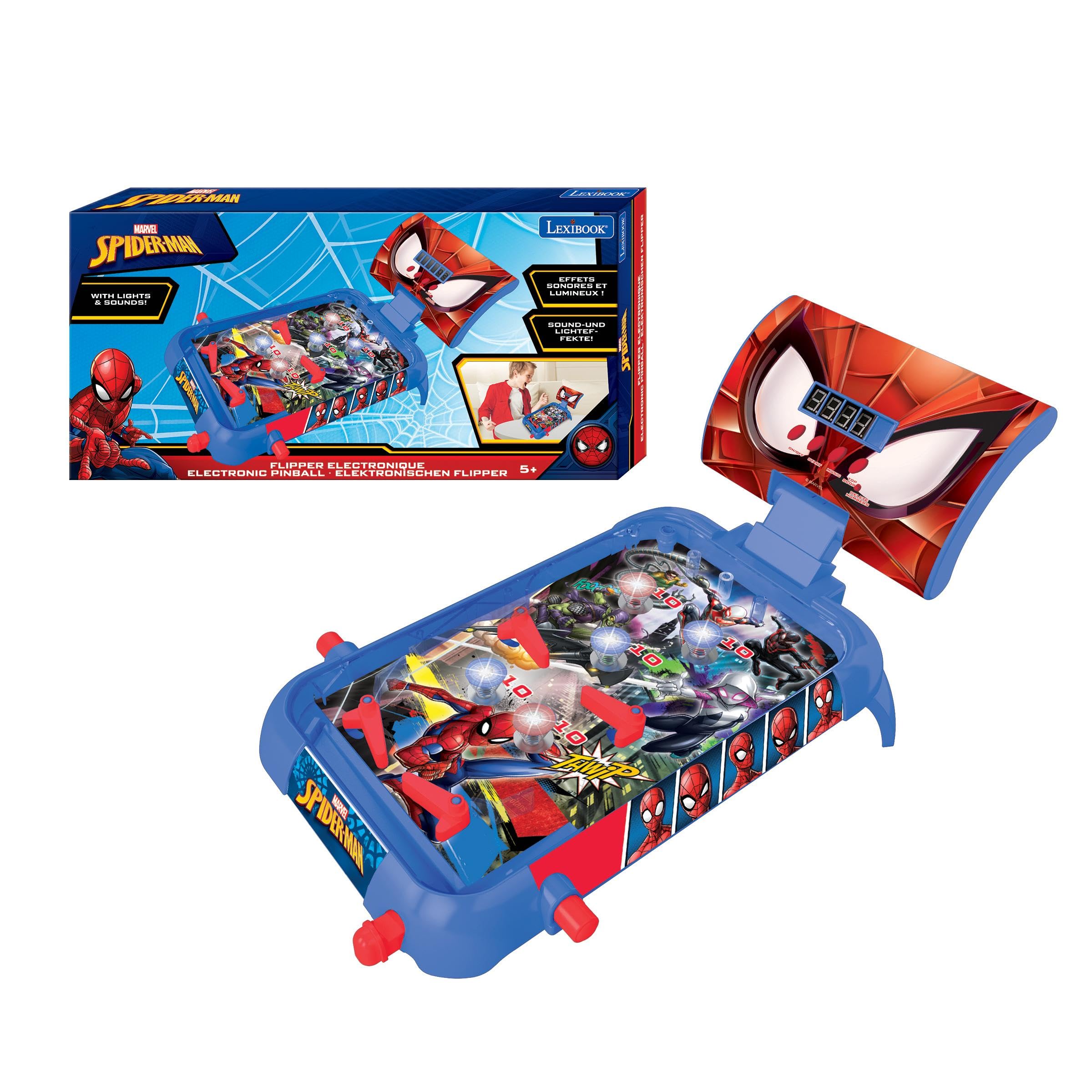 LEXiBOOK, Spider-Man Electronic Pinball Machine, JG610SP | Tela LCD, efeitos sonoros e de luz, jogo de ação e reflexo, azul/vermelho