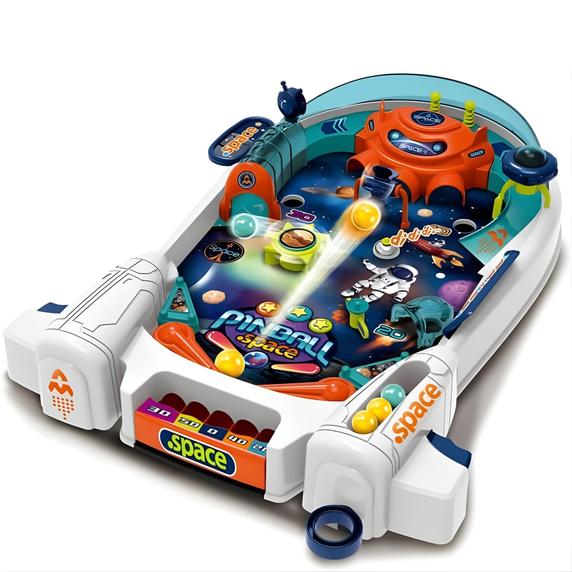 Máquina de pinball espacial — jogo de fliperama de mesa com obstáculos, lançador de haste de puxar, flipers, alvos de OVNIs e tema de astronauta, mini pinball de 1 a 2 jogadores para crianças