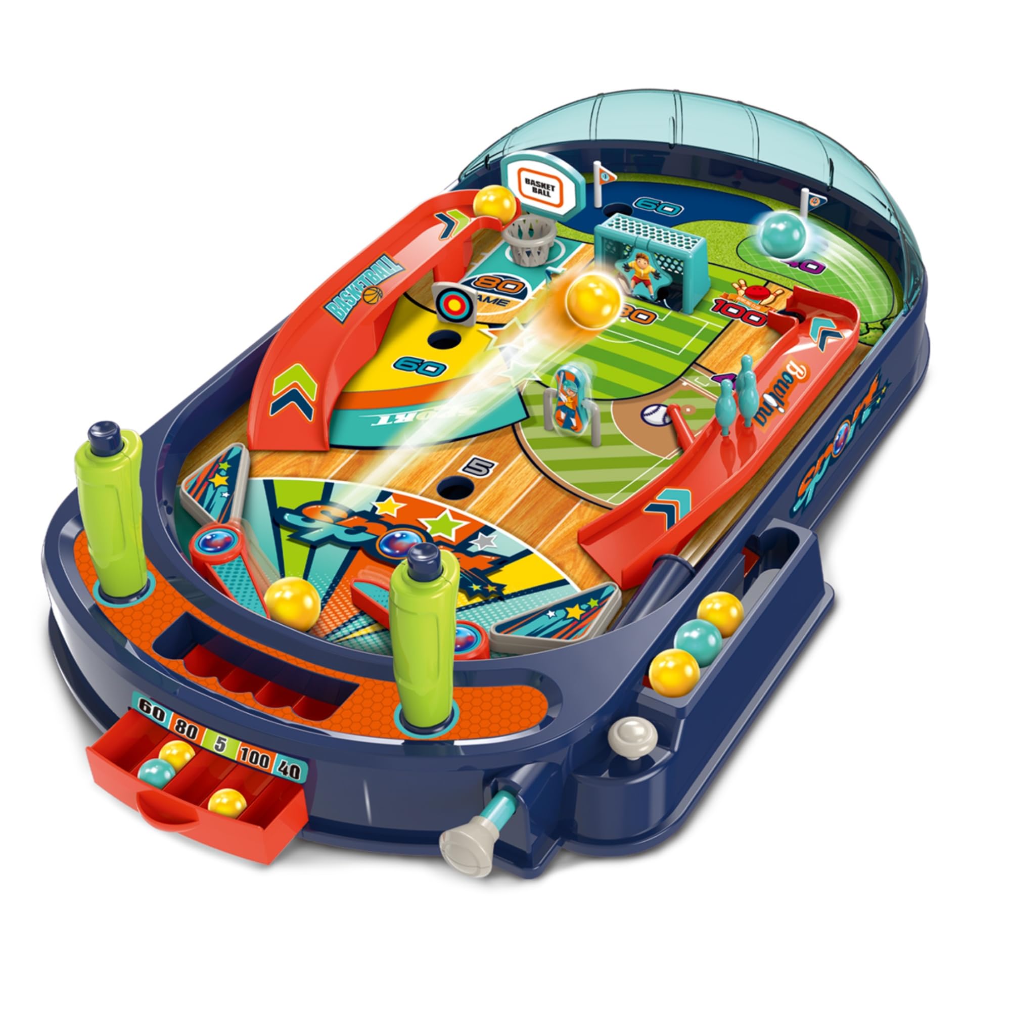 Máquina de pinball infantil — jogo de fliperama de mesa com obstáculos, lançador de vara, flipers, alvos de pontuação, pinos e mini aro, mini pinball de 1 a 2 jogadores para crianças a partir