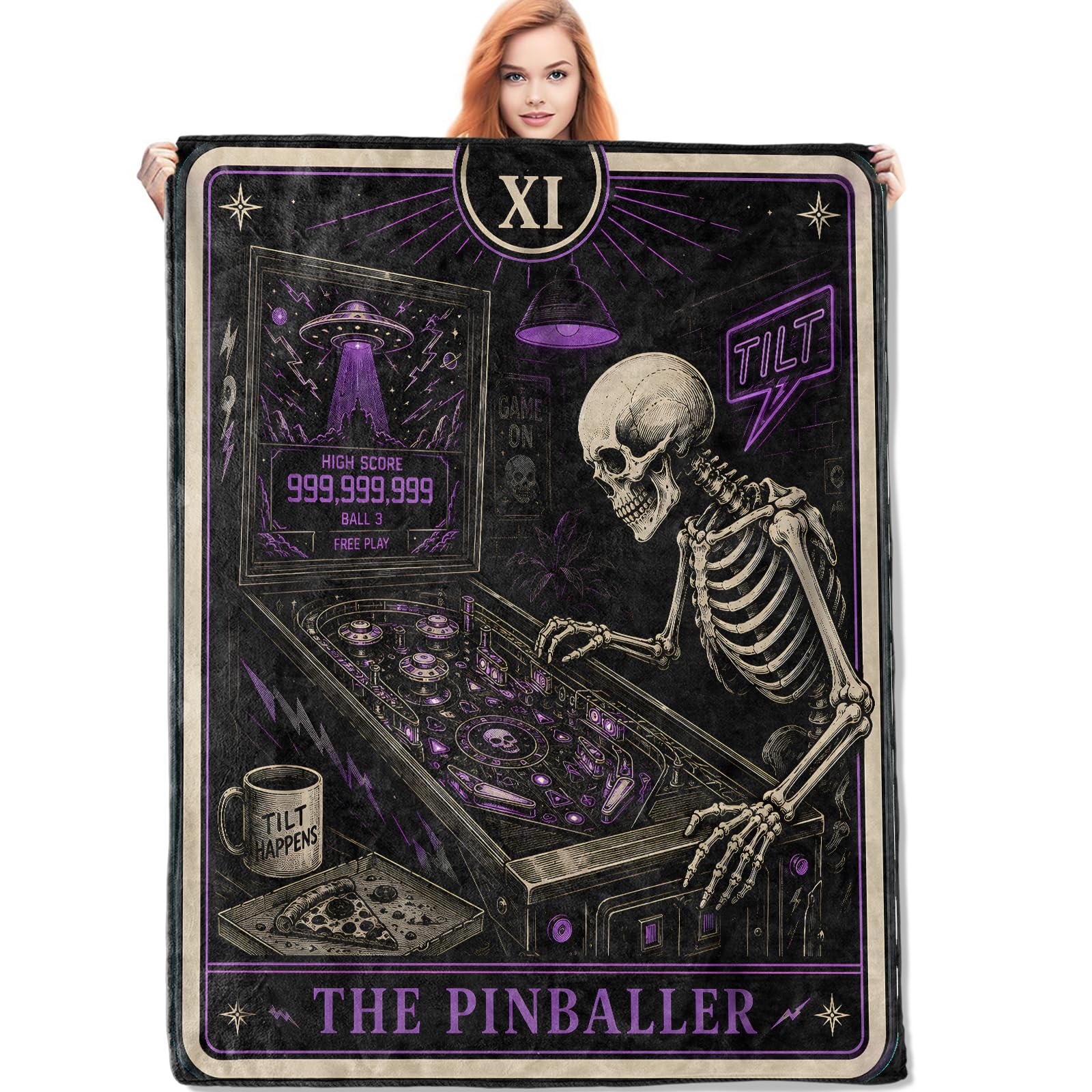 Cobertor de pinball esqueleto para mulheres e crianças | Cobertores góticos de máquina de pinball para decoração de sofá, cama, sala de estar, 127 x 152 cm