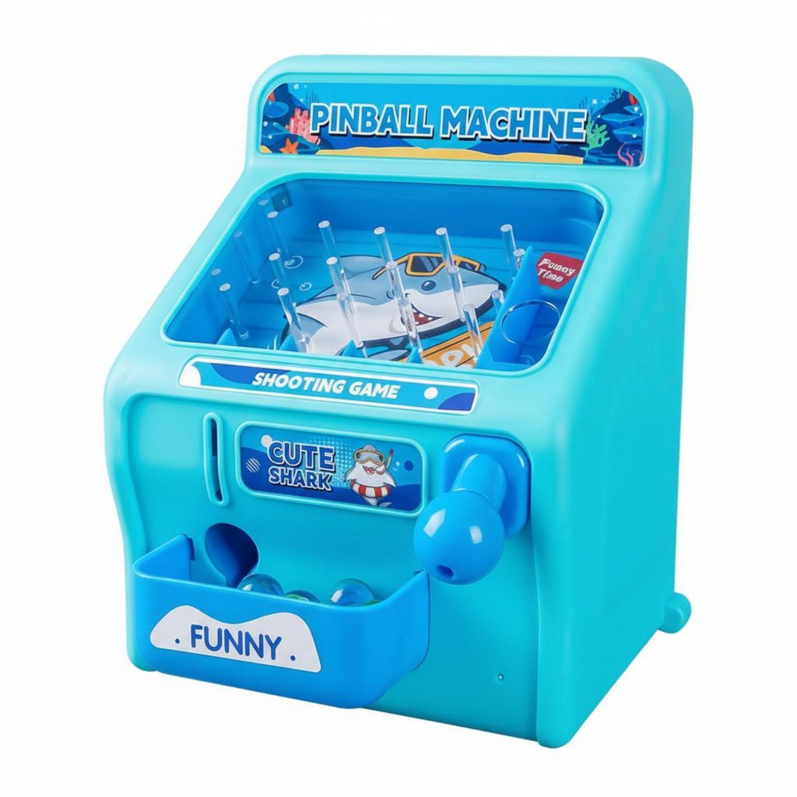 Generic Conjunto de Pinball Infantil de Mesa com Lançador de Bolinhas de Gude, Mini Máquina de Arcade, Jogo de Pinball Infantil de Plástico com de Puxar e, Tubarão Azul