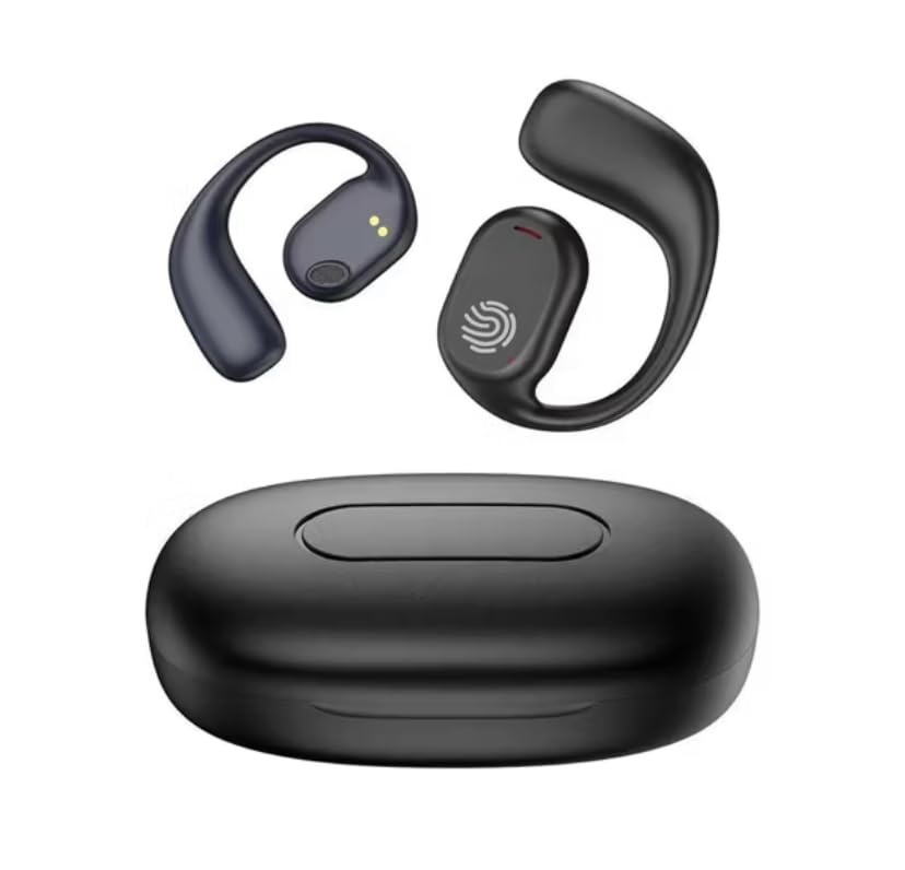 Fone de ouvido TWS com condução óssea, sem fio, Bluetooth 5.3, clip-on, display digital, redução de ruído verdadeira - Preto