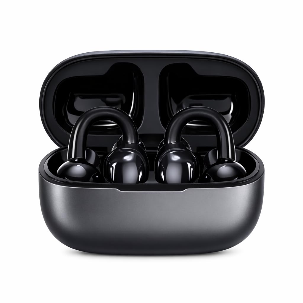 Fone LE302 Tipo Brinco Clipe de Ouvido Ear Original Sem Fio TWS, Baixa Latência Jogos Wireless Sport Bluetooth 5.4 Headset 25h Bateria, Mic Esporte Academia Clip-On Condução Óssea Aérea (Preto)