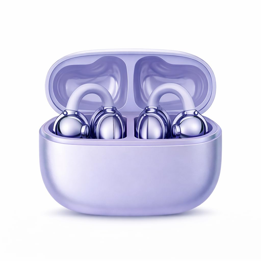 Fone LE302 Tipo Brinco Clipe de Ouvido Ear Original Sem Fio TWS, Baixa Latência Jogos Wireless Sport Bluetooth 5.4 Headset 25h Bateria, Mic Esporte Academia Clip-On Condução Óssea Aérea (Roxo)