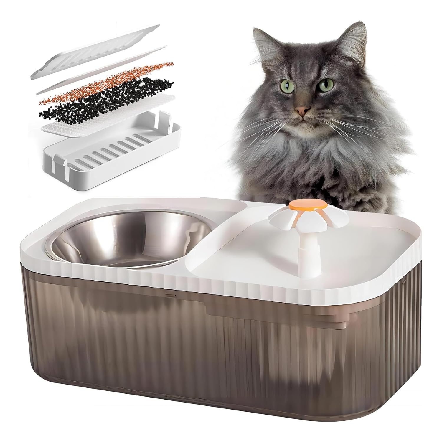 Comedouro Bebedouro Automático Pet 2 em 1 com Fonte de Água USB, 3L, Inox, Silencioso, com Filtro, Para Gato e Pet Pequeno, Hidratação Saudável e Fácil Limpeza (Branco, Médio)