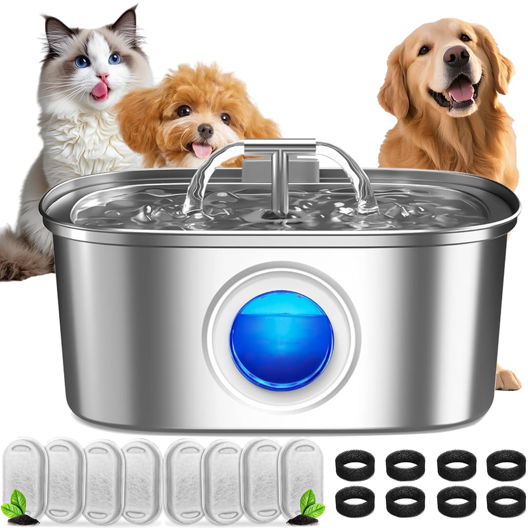 Fonte Bebedouro Automática para Gatos e Cães em Aço Inoxidável 3,2L com Filtro – Super Silenciosa, Água Corrente, Dispensador de Água para Pets