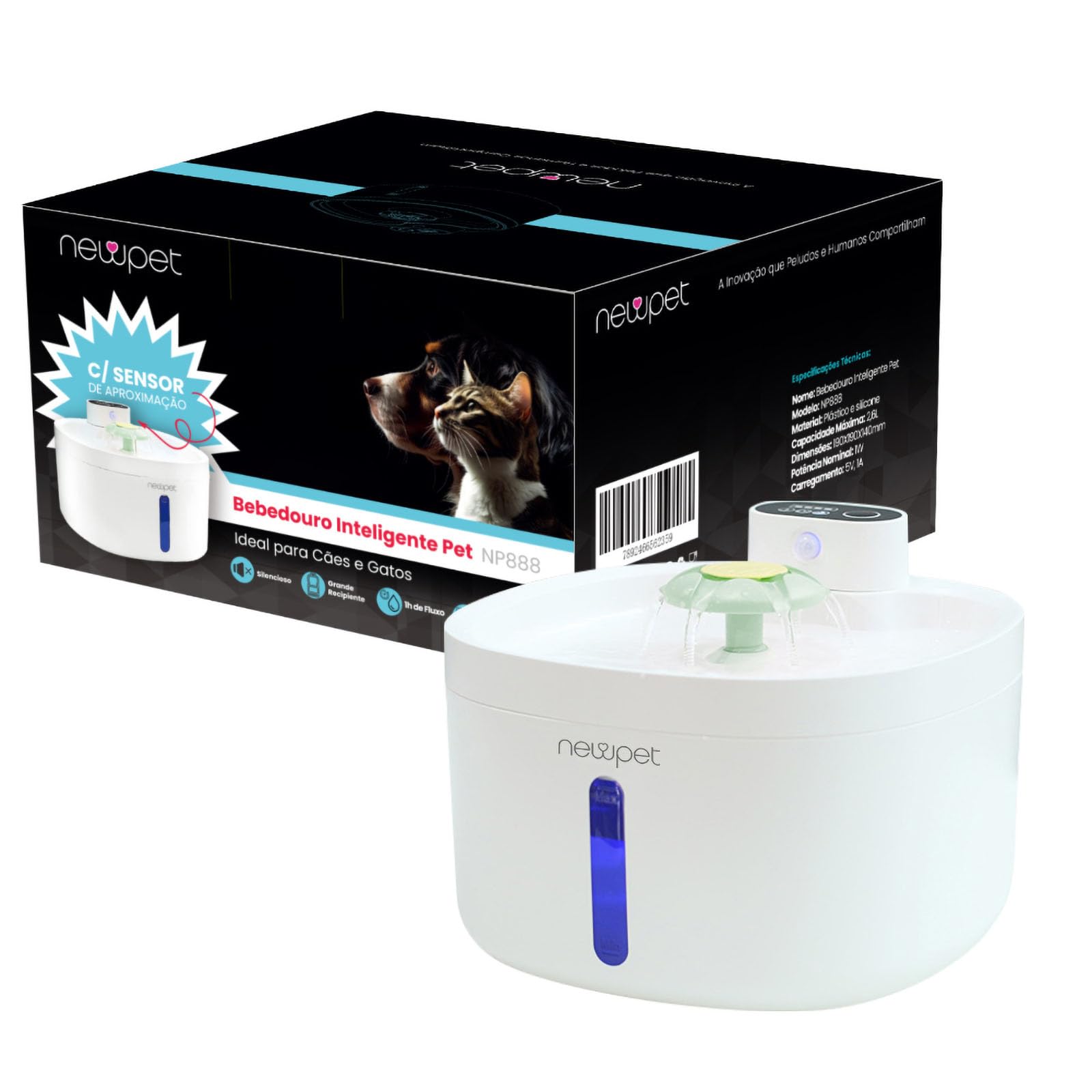 2.6L Fonte de água para gatos, Sensor sem fio USB Fonte de água Automática para Gatos e Vários Animais de Estimação, Operada sem Fio
