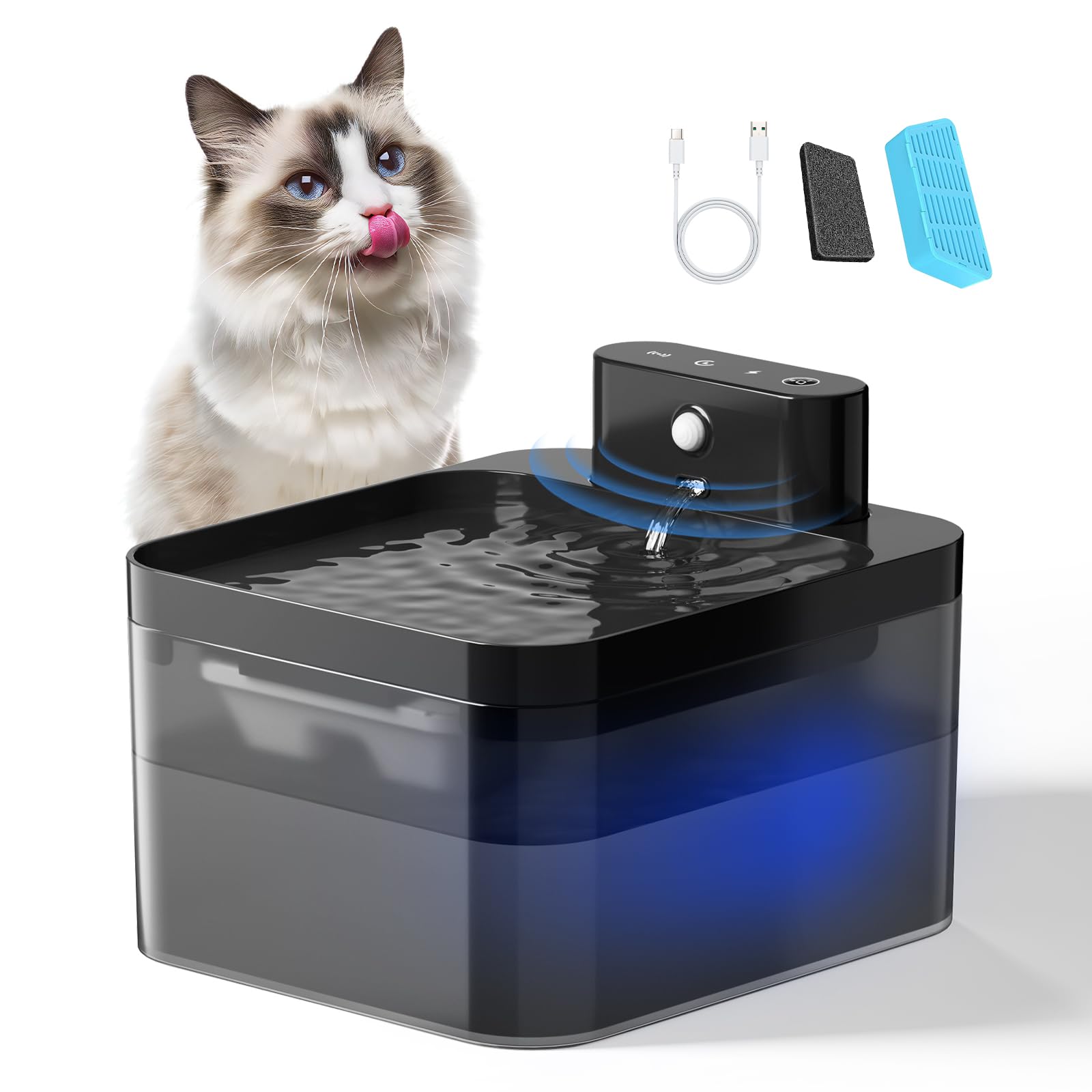 Looxopet Bebedouro para Gatos com Sensor​ 2.2L, Fonte de Água pra Gato Sem Fio | Filtragem Contínua, Silenciosa Recarregável USB e LED