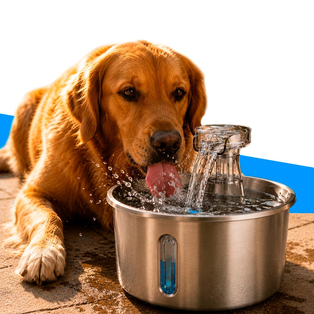 Bebedouro Pet para Animais de Estimação, Gato, Cachorro, Fonte de Água Silenciosa, Filtragem Automática, Redondo, Aço Inoxidável Inox, Bomba 5V, Janela de Nível de Água, Bivolt, 2L, USB.