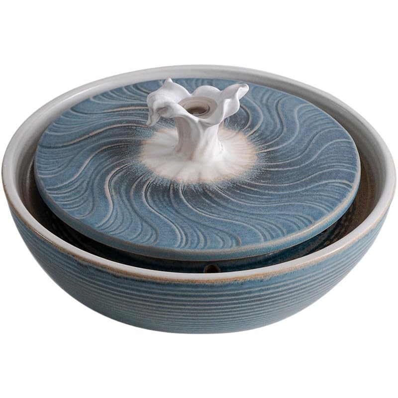 Fonte de água de cerâmica para gatos, bebedouro USB para animais de estimação com design de onda do mar, tigela de água de mesa para gatos e pequenos animais de estimação, 23 x 13,5 cm (azul)