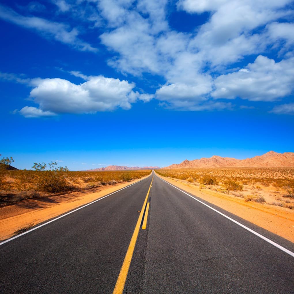 AOFOTO 2,4 x 2,4 m Árido Mohave Deserto por Route 66 Pano de fundo infinito paisagem estrada estrada asfalto paisagem céu azul EUA viagem ao ar livre estúdio foto adereços vinil retrato papel de parede