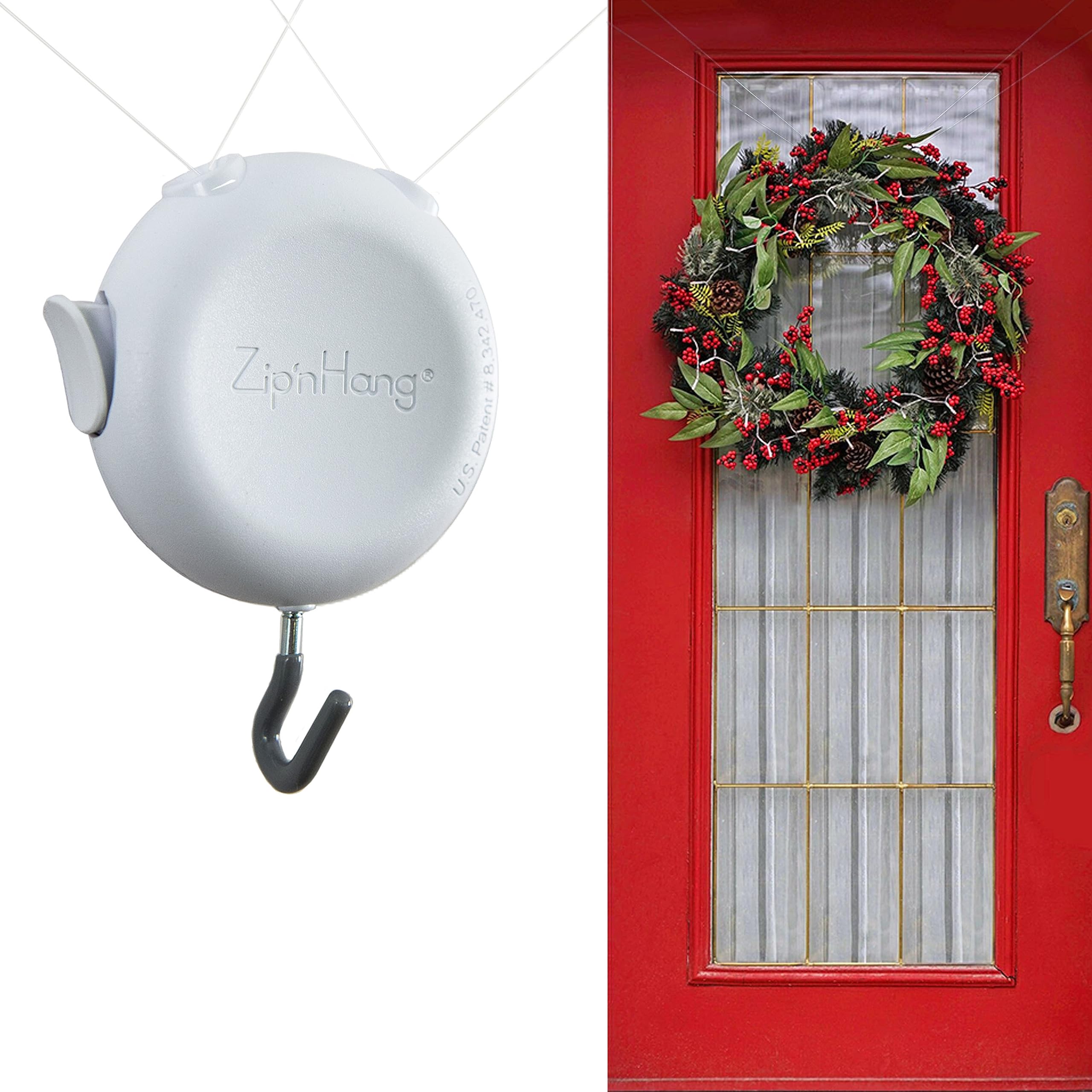 Cabides de guirlanda para porta da frente (branco - 1 pacote) - Pendurar sem danos - ZIPNHANG: Gancho de porta ajustável. Guirlanda de Natal e cabide decorativo para porta da frente. Ganchos para