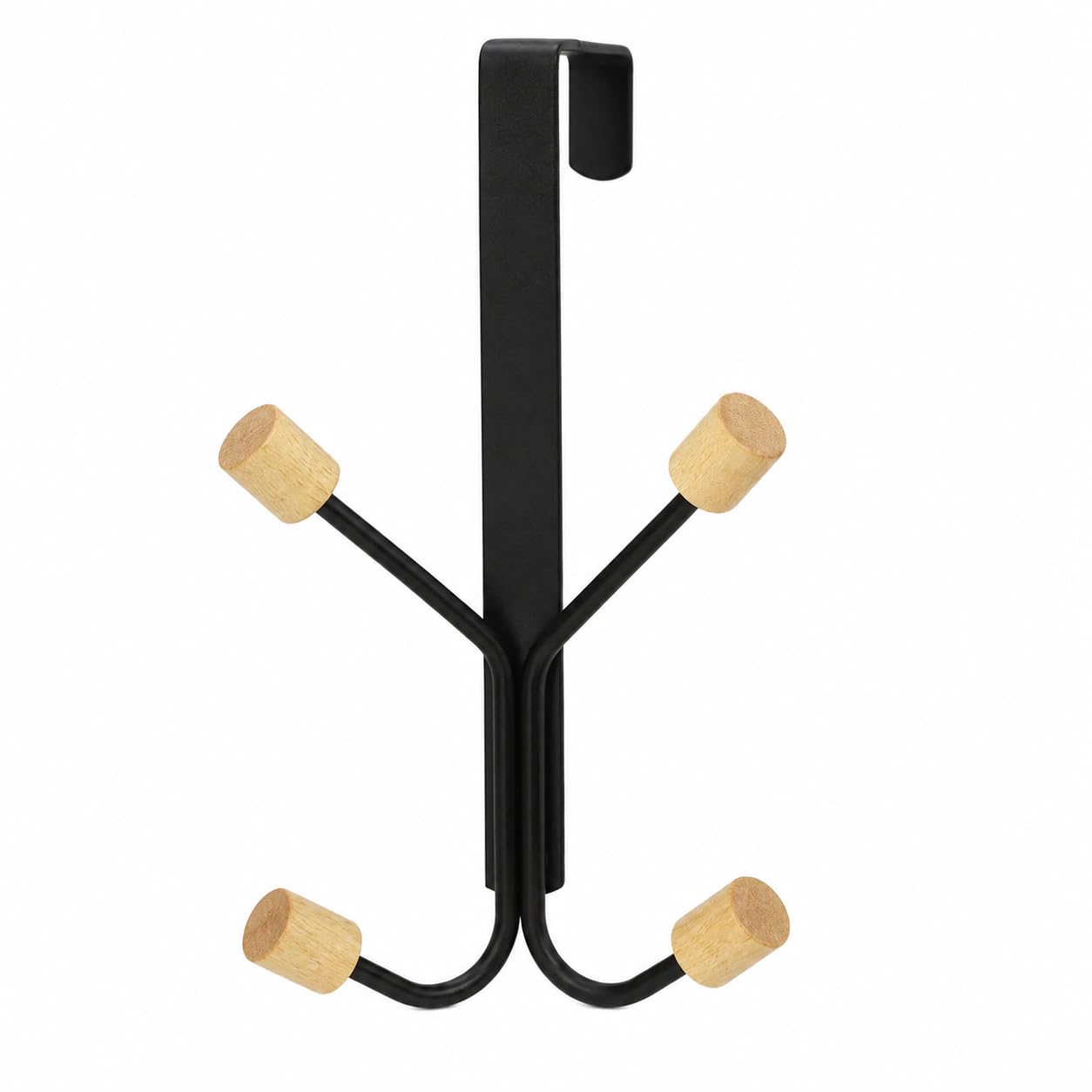 : MEGAGIFT Tipo de Cabideiro de Porta 4 Ganchos Sem Furar em Metal Preto com Ponteiras de Madeira, 21 x 11,5 cm, para Portas de até 4 cm, Roupas, Toalhas e Bolsas