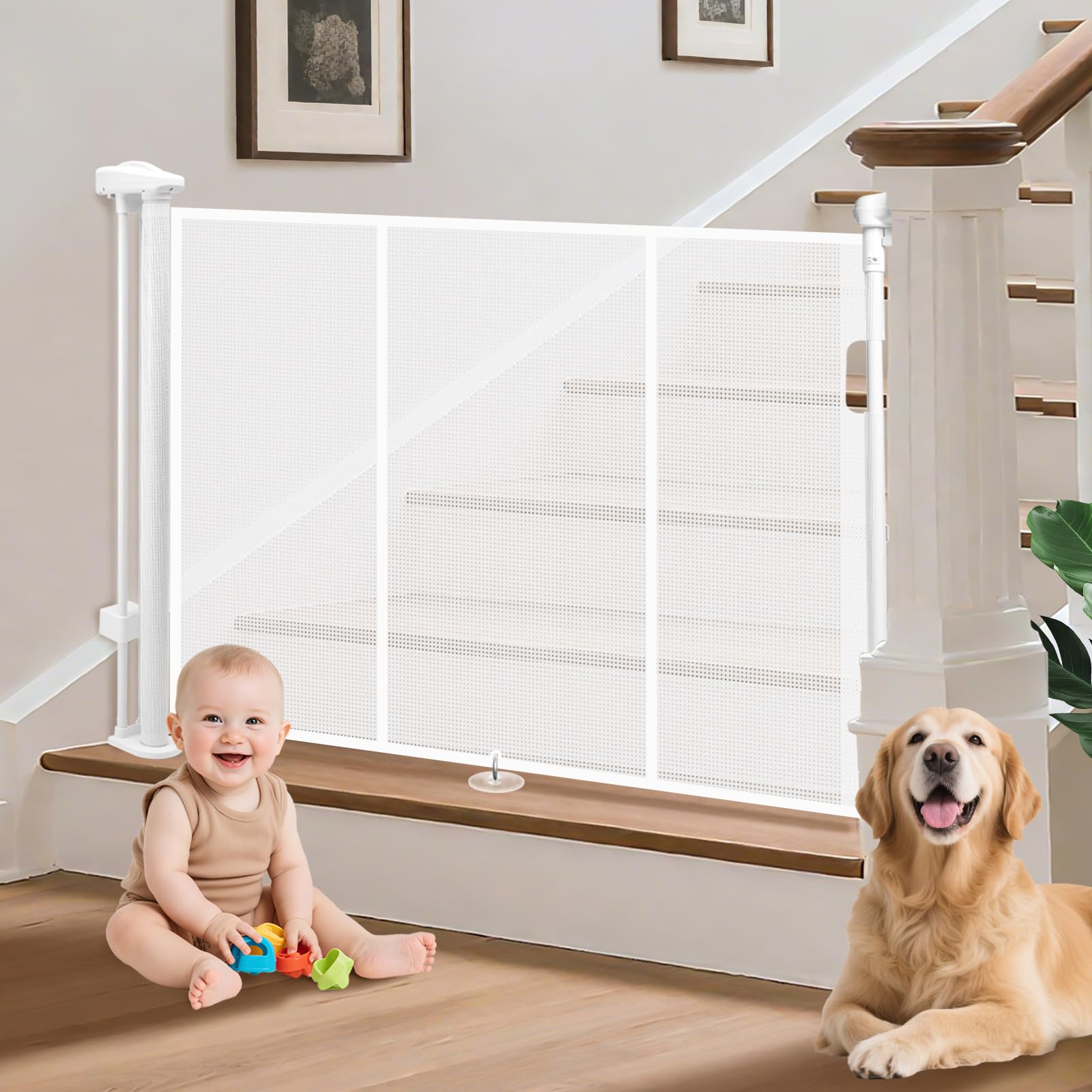 Pravoluxmax Portão Retrátil Para Bebês E Crianças Em Escadas, Portão Retrátil Para Cães E Animais De Estimação Com 140 Cm De Largura, Portão De Segurança Extra Alto Para Crianças E Bebês Com 86 Cm