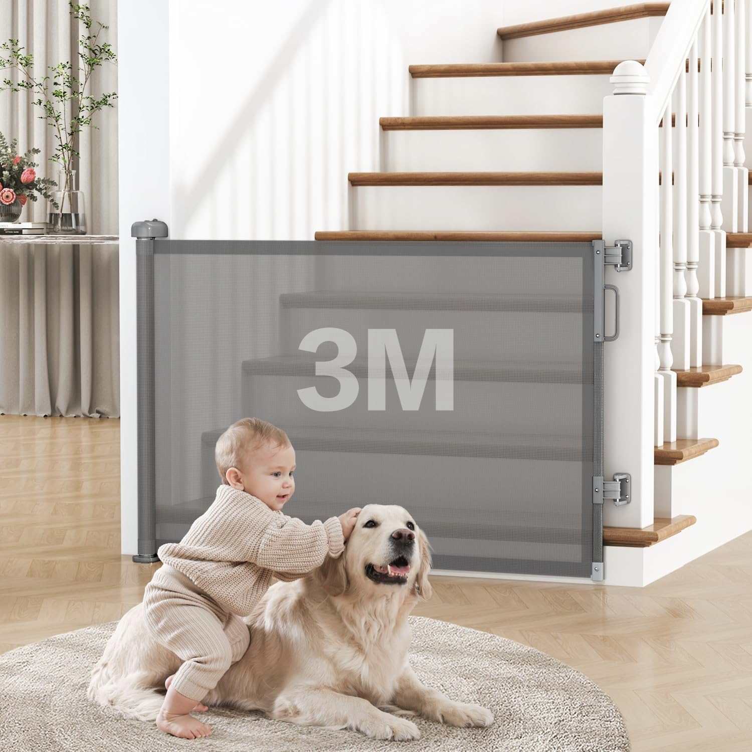 Portão de Segurança Retrátil para Bebês e Pets, 86 cm x 3 m, Tela PVC, cinza