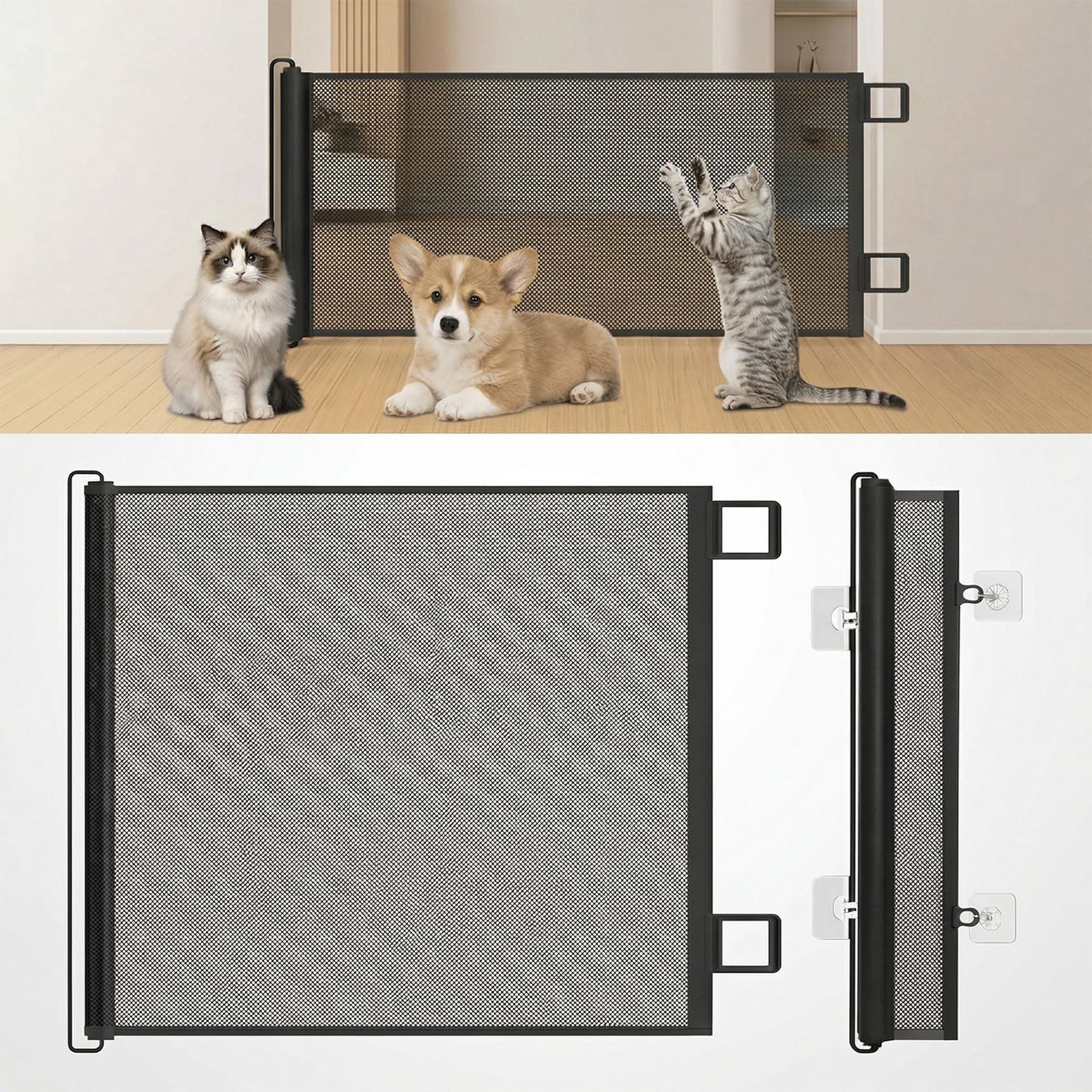 Grade para Cachorros Retrátil, Cercado para Cachorros em Tela de Proteção, Portão de Segurança para Bebês e Pets, Fácil Instalação para Portas, Corredores, Escadas e Varandas (Preto, 70 * 150)