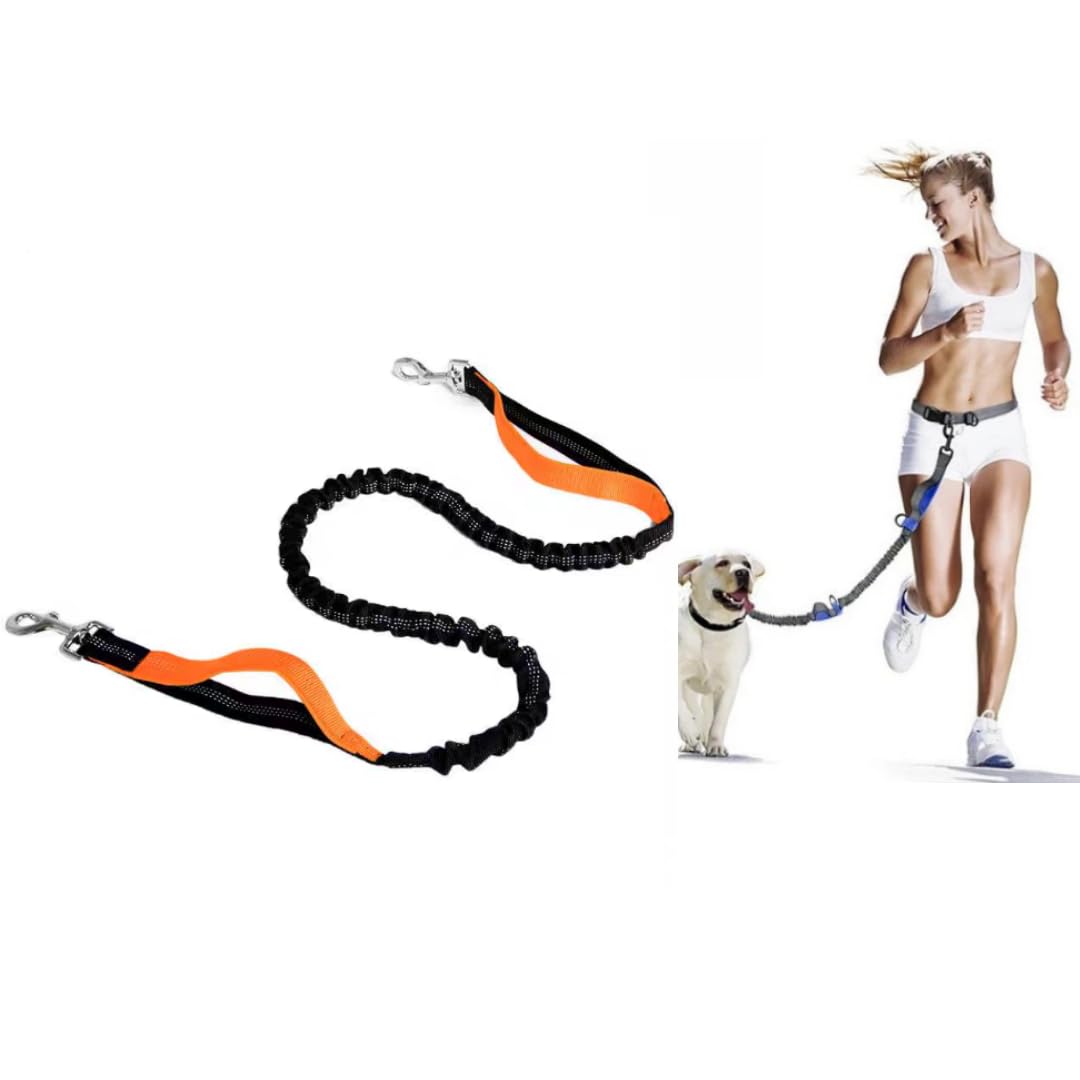Guia Coleira Cinto Mãos Livres Elástica Para Cintura Cachorro Pet Cão Caes Corrida Passeio Caminhada Ajustável (Preto com laranja)