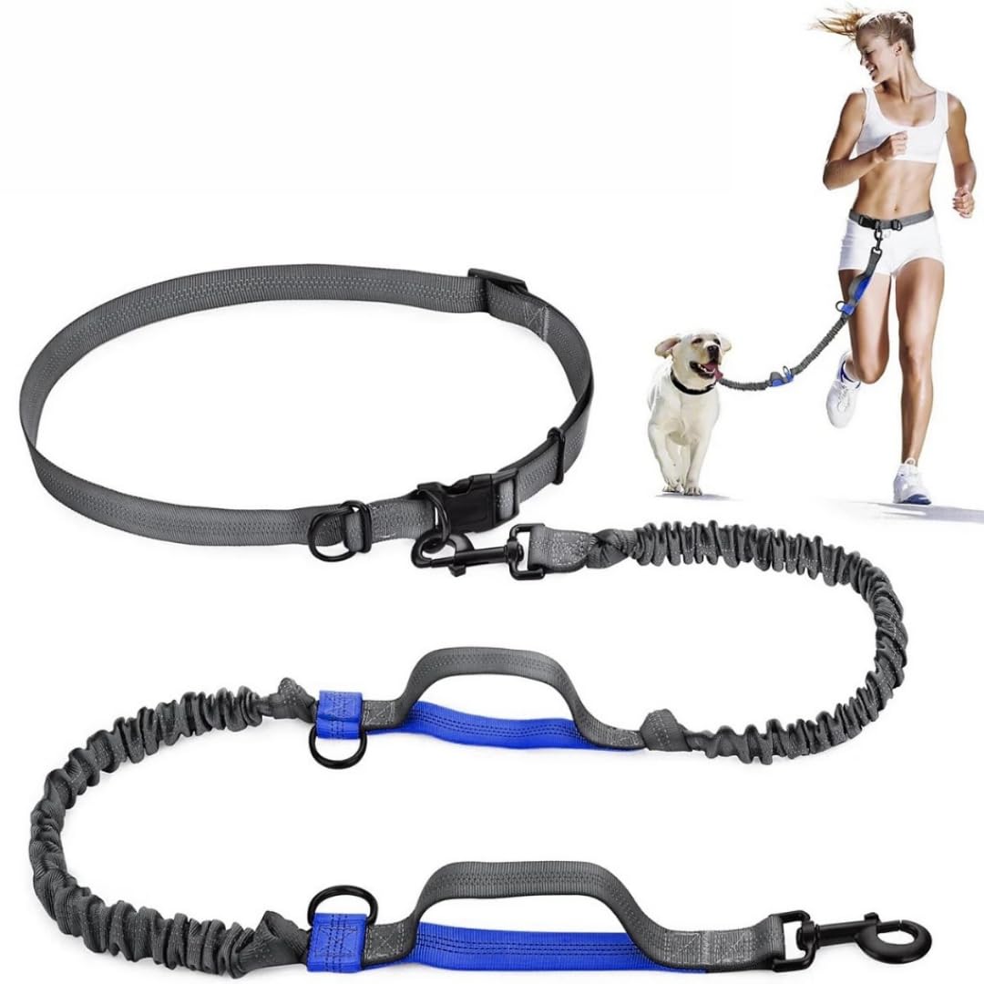 Guia Coleira Cinto Mãos Livres Elástica Para Cintura Cachorro Pet Cão Caes Corrida Passeio Caminhada Ajustável (Preto com azul)